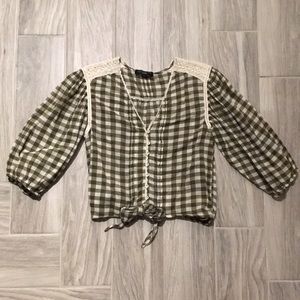 Sanctuary Plaid Peasant Blouse in Olive and Cream